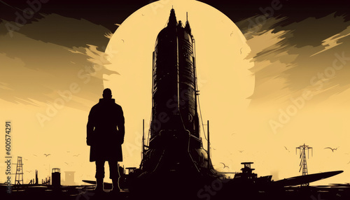 Silhouette of a man against the background of a space drone with a large space rocket on the evening horizon. Created by AI. photo