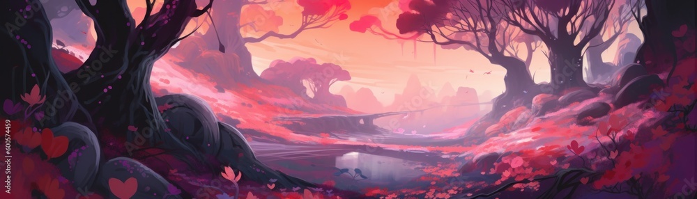 A surreal dream-like landscape with twisting trees. Horizontal banner. AI generated A surreal dream-like landscape with twisting trees. Horizontal banner. AI generated