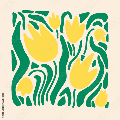 Aesthetics of Matisse's curves. Groovy abstract postcards with patterns. Flower drawings, botanical art. Fashionable organic style of naive retro hippies of the 60-70's. Mother's Day vector background