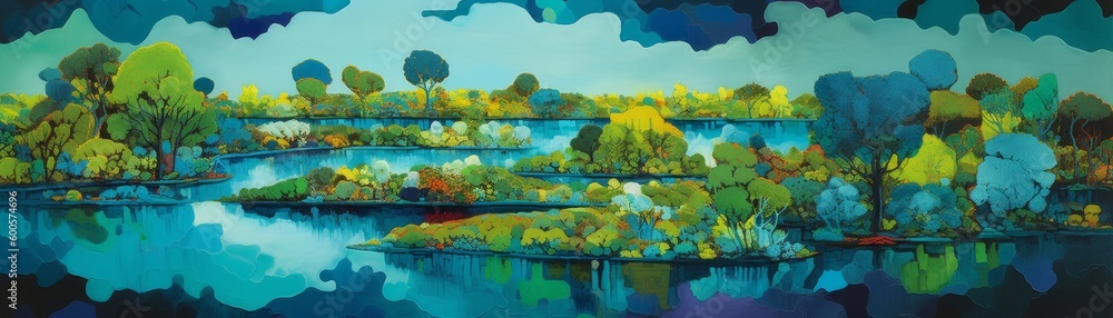 A surreal other-worldly landscape with floating isla. Horizontal banner. AI generated A surreal other-worldly landscape with floating isla. Horizontal banner. AI generated