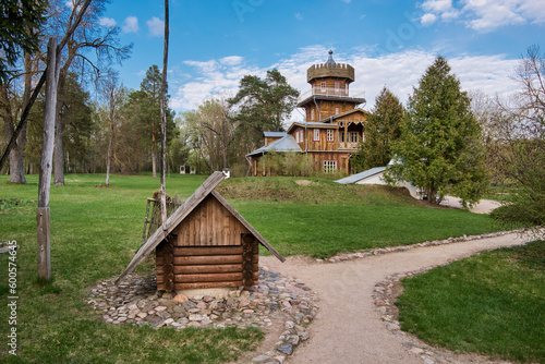 Zdravnevo, Vitebsk region, Belarus. The place near the Western Dvina River, where the painter Ilya Repin lived and rested in the summer. wooden well in the foreground. photo