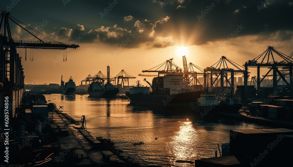 Container ship unloading at commercial dock at sunset generated by AI