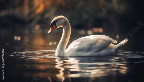 Fototapeta Naklejka Na Ścianę i Meble -  Mute swan glides on tranquil pond water generated by AI