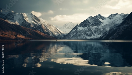 Snowcapped mountain peak reflects in tranquil water generated by AI