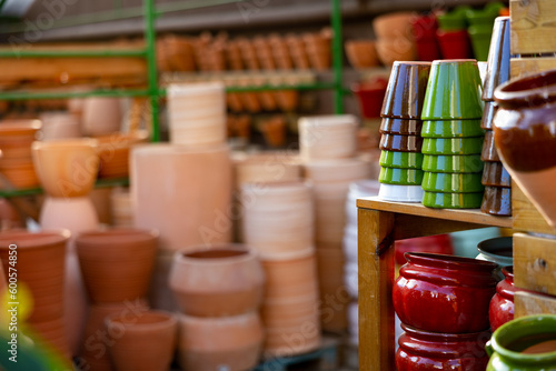 View of ceramic flower pots for indoor plants for sale at the horticultural market