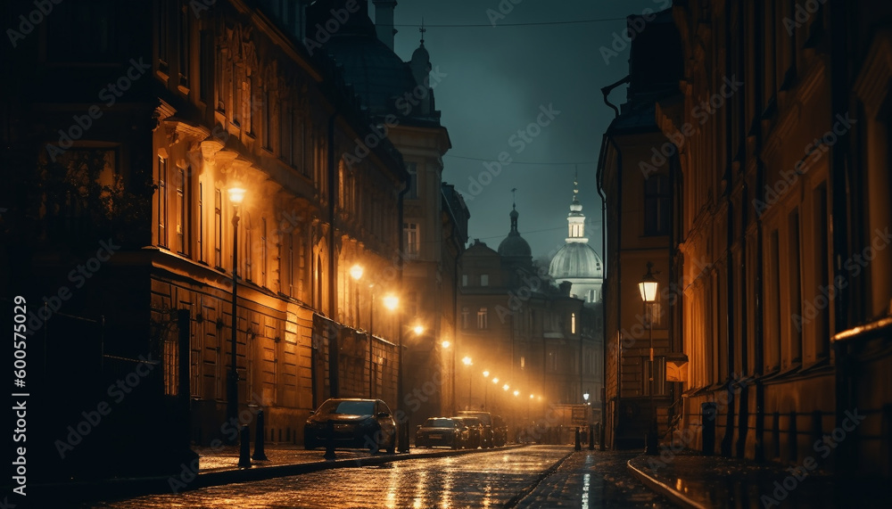 City life illuminated by car headlights at night generated by AI