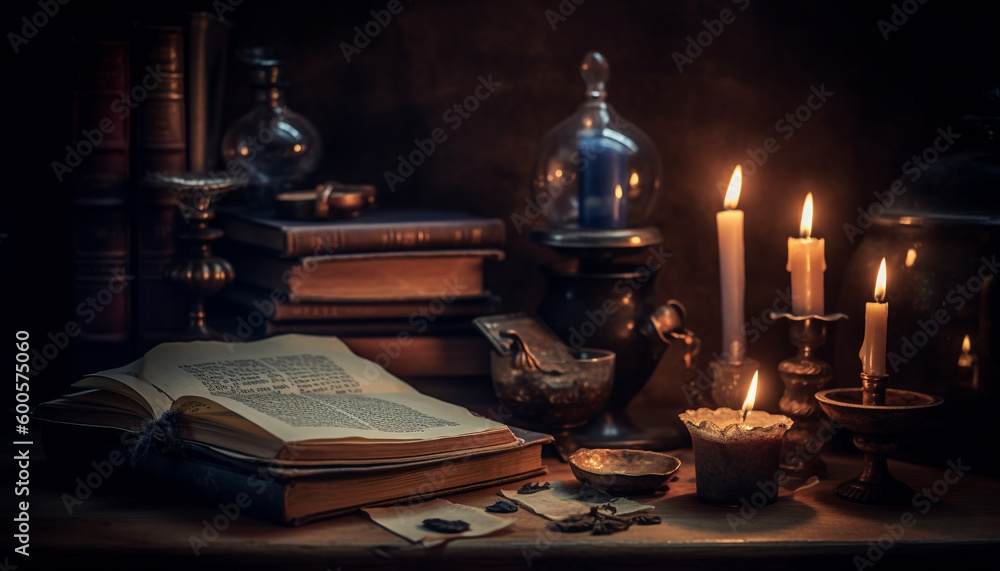 Candlelight illuminates ancient book of Christian spirituality generated by AI Candlelight illuminates ancient book of Christian spirituality generated by AI