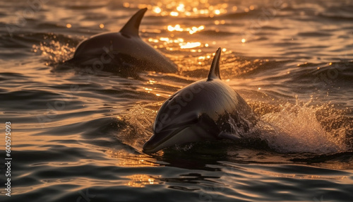 Foto Playful dolphins jumping in the sunset waves generated by AI