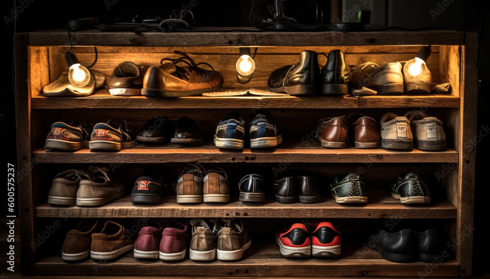 Shoe collection on wooden shelf, leather variations generated by AI