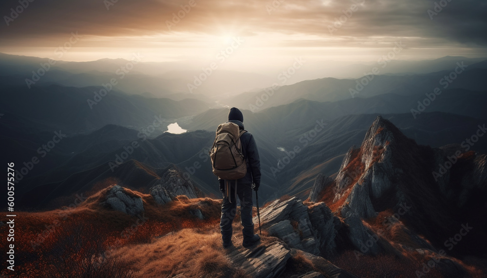 Backpacker hiking mountain peak, achieving outdoor success generated by AI