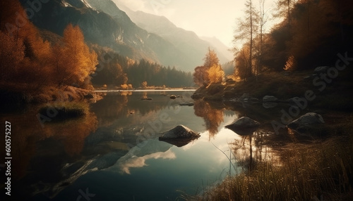 Tranquil scene, fog, reflection, mountain range, sunrise generated by AI © djvstock