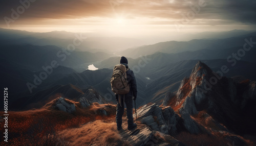 Backpacker hiking mountain peak, achieving outdoor success generated by AI