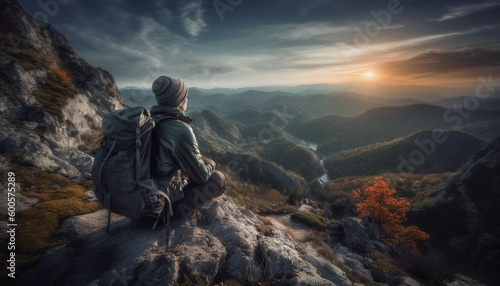 One person hiking mountain peak at sunrise generated by AI © djvstock