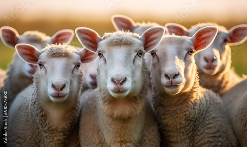 Generative AI, Sheep, The Charm of Flock. A Group of Curious and Alert Sheep Stand in a Row, Inviting the Viewer into Their Peaceful World. 