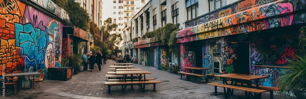 Fototapeta premium A trendy urban area with street art and outdoor cafe. Horizontal banner. AI generated