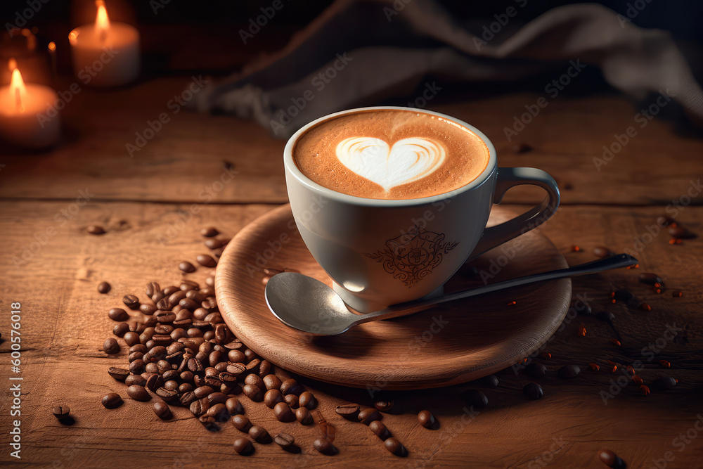Cup of coffee latte with heart shape and coffee beans on old wooden background. Generative AI Cup of coffee latte with heart shape and coffee beans on old wooden background. Generative AI