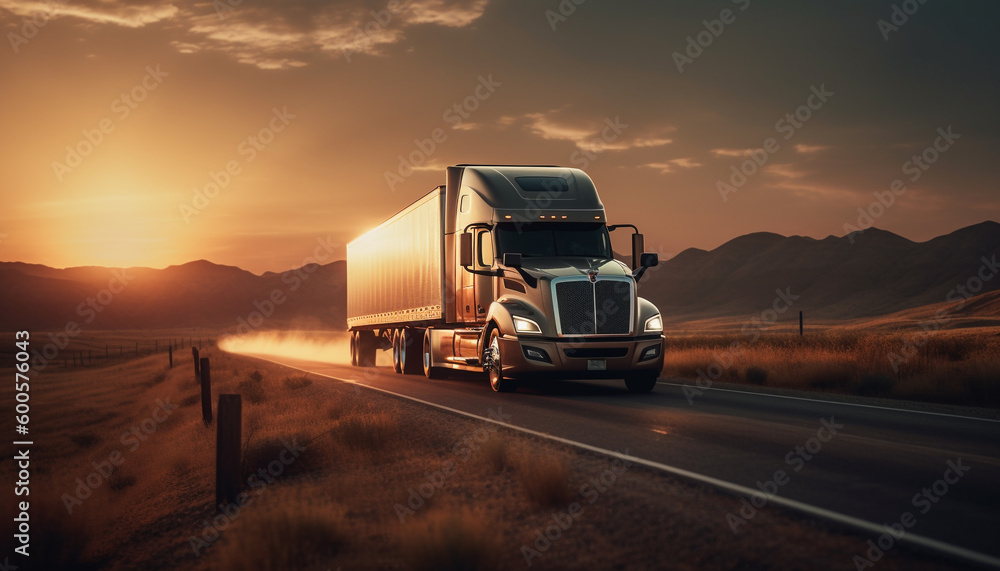 Semi truck convoy carrying freight at sunset generated by AI