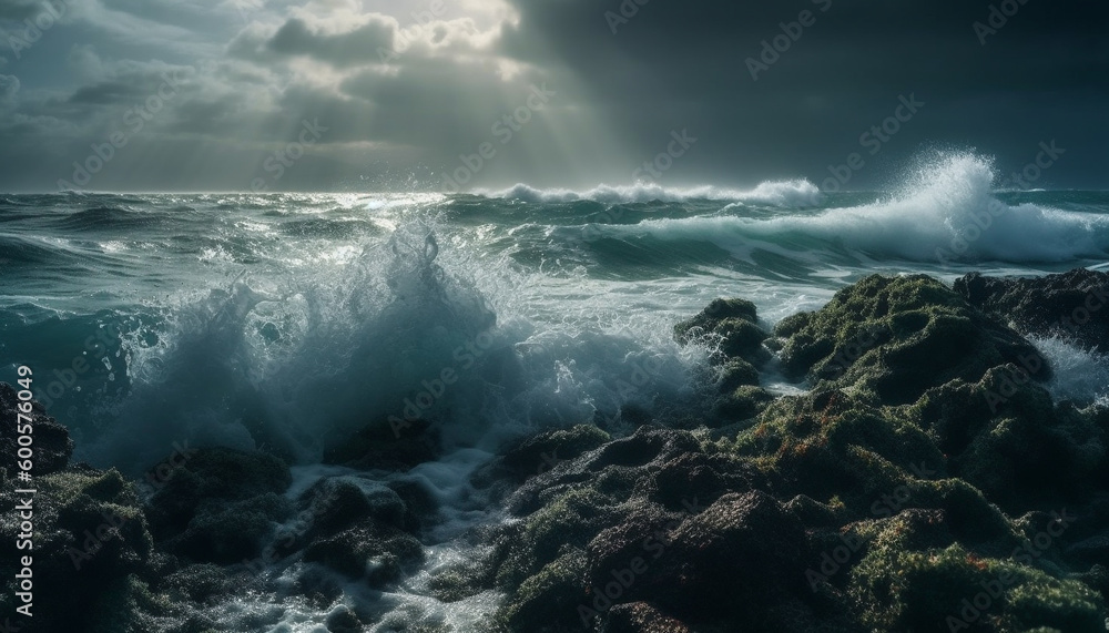 Breaking waves crash on dark coastline horizon generated by AI