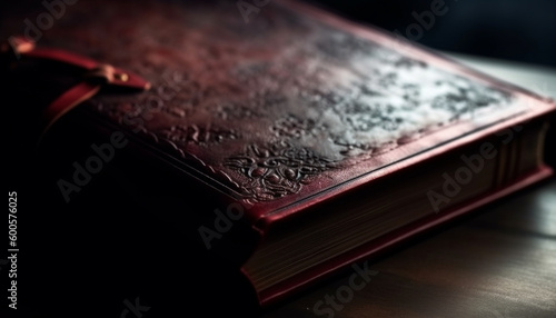 Antique leather Bible on wooden table, close up generated by AI