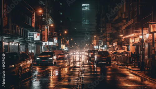 Illuminated cityscape, nightlife, blurred motion, crowded street generated by AI