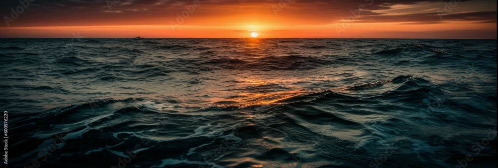 A vibrant sunset over a calm ocean. Horizontal banner. AI generated