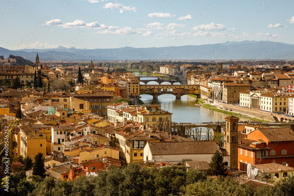 Vecchio Bridge and Arno River, ancient cityscape of Florence Italy.