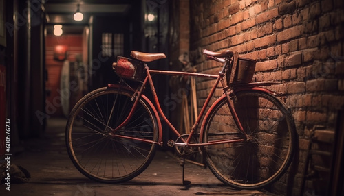 Cycling at dusk, old fashioned bike, modern city generated by AI