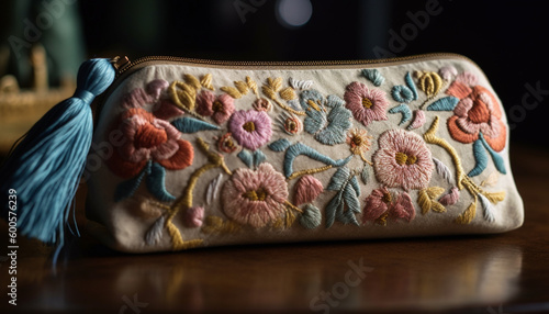 Ornate embroidery on antique leather purse gift generated by AI