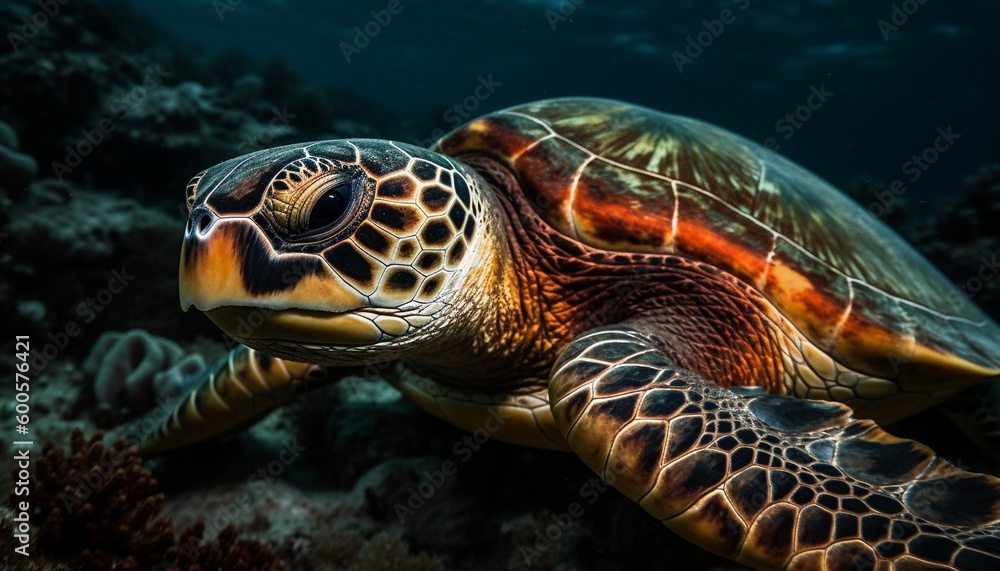 Green hawksbill turtle swims in tranquil reef generated by AI Green hawksbill turtle swims in tranquil reef generated by AI