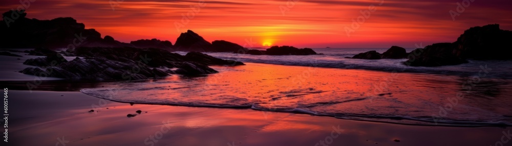 A vibrant sunset over a calm ocean reflecting brilli. Horizontal banner. AI generated