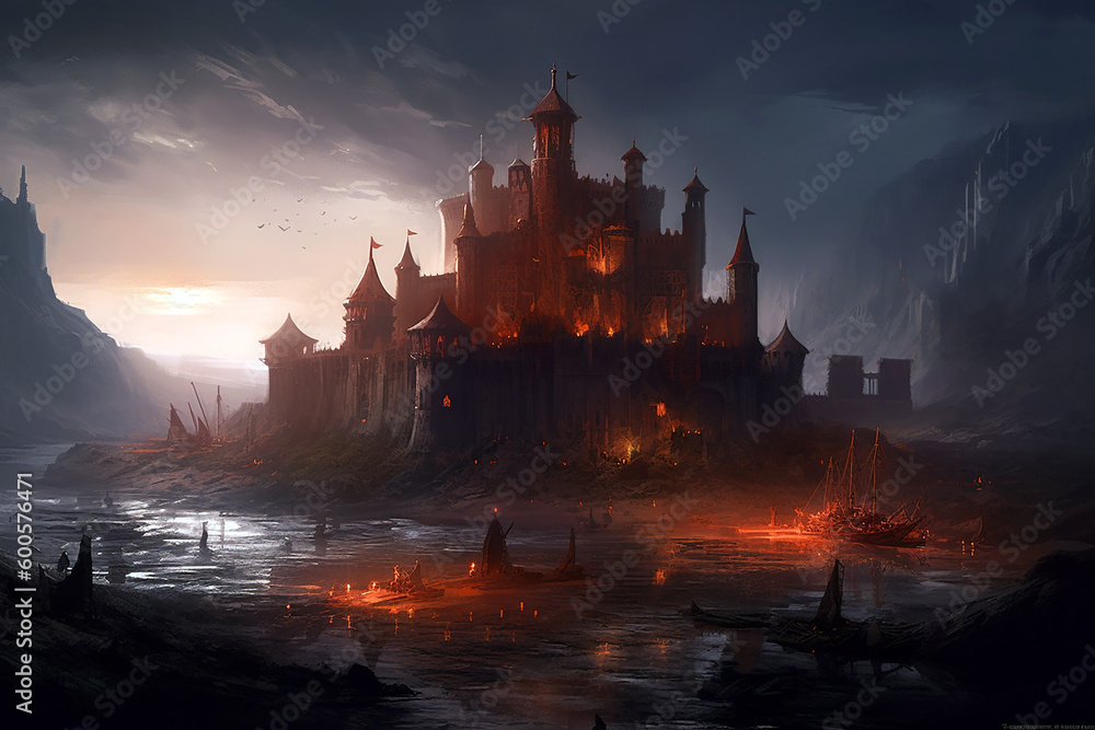 the castle in the evening overlooking a fiery lakebed 