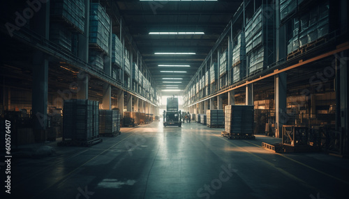 Large modern warehouse with stacked cargo containers generated by AI