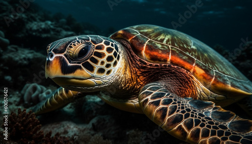 Green hawksbill turtle swims in tranquil reef generated by AI © djvstock