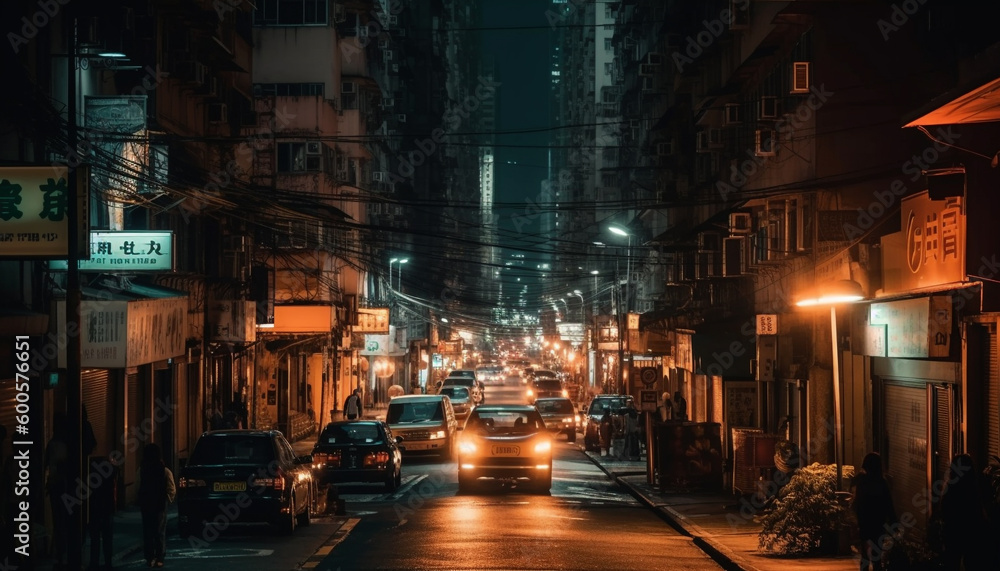 Glowing city life, modern architecture, crowded streets generated by AI