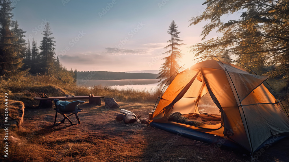 Outdoor camping photo. tent in the middle of nature, beautiful landscape. natural, protected area. image created with ai - obrazy, fototapety, plakaty 