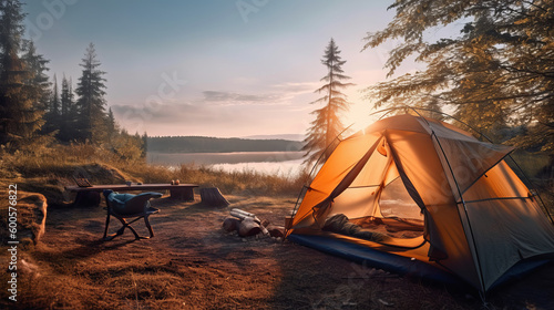 Outdoor camping photo. tent in the middle of nature, beautiful landscape. natural, protected area. image created with ai