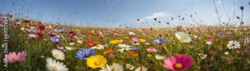 A whimsical field of flowers under a bright blue sky. Horizontal banner. AI generated