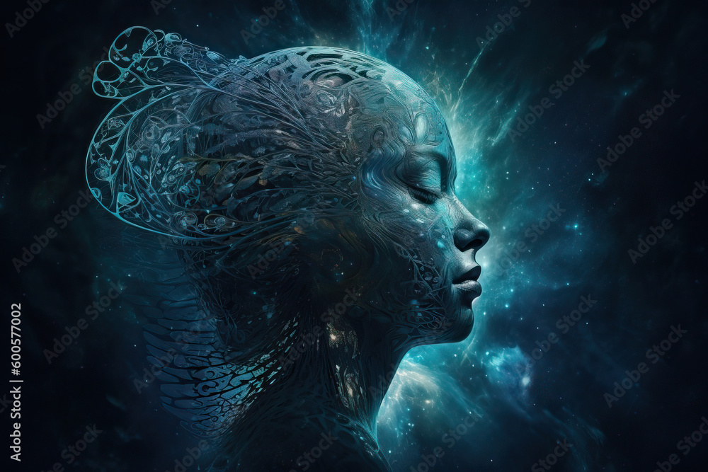 Human head with glowing neurons in brain. Meditation concept that represent connection with other world, Generative AI Human head with glowing neurons in brain. Meditation concept that represent connection with other world, Generative AI