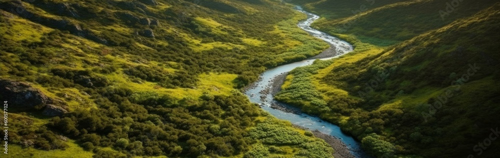 A winding river through a verdant landscape. Horizontal banner. AI generated