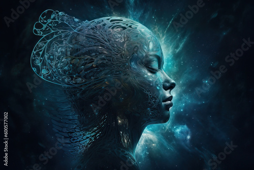 Human head with glowing neurons in brain. Meditation concept that represent connection with other world,  Generative AI