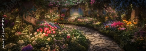 An enchanted garden filled with blooming flowers. Horizontal banner. AI generated