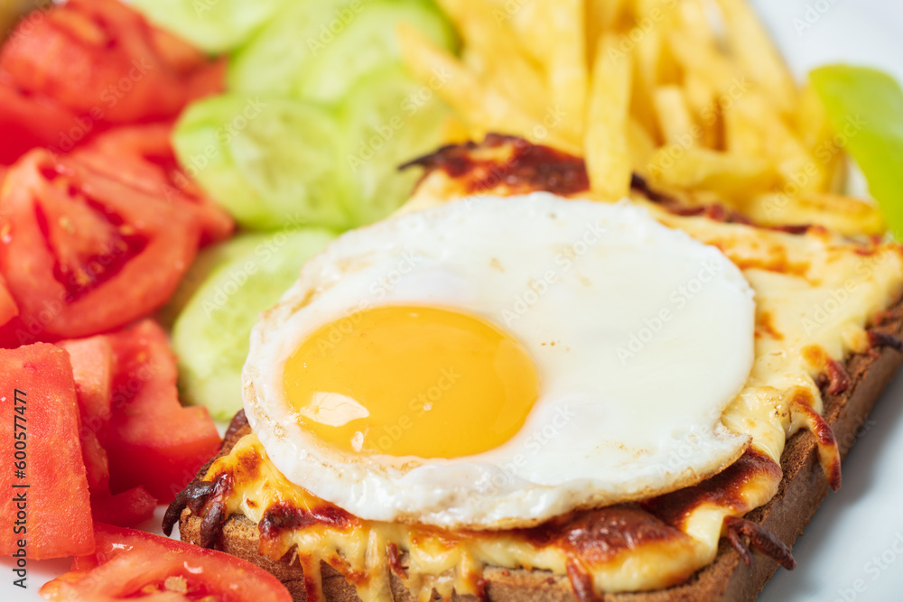 Breakfast. French cuisine. Croque madame sandwich close up on the table. High quality photo Breakfast. French cuisine. Croque madame sandwich close up on the table. High quality photo