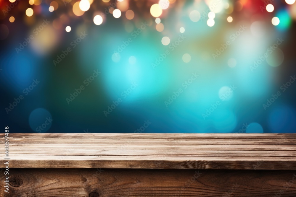 festive blurred background with bokeh and empty wooden table in the foreground -Ai
