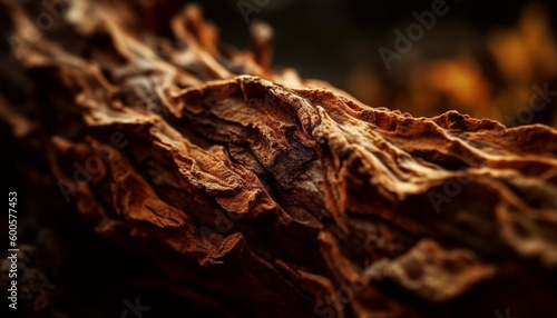 Rusty leaf on old tree trunk, autumn beauty generated by AI