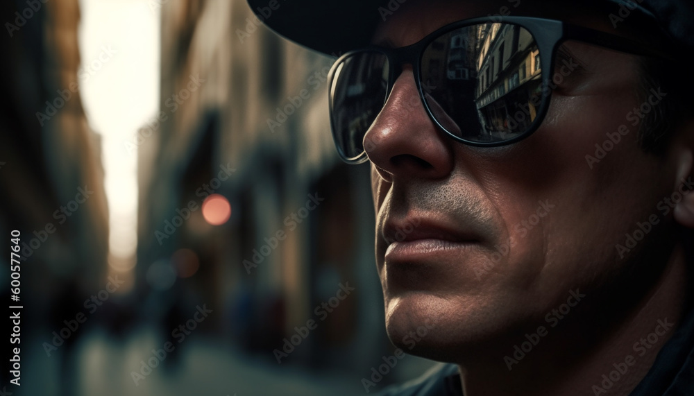 One man serious elegance in city fashion generated by AI One man serious elegance in city fashion generated by AI
