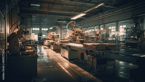 Metal worker standing in factory with machinery generated by AI