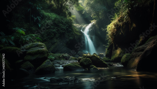Majestic waterfall flows through tropical rainforest paradise generated by AI