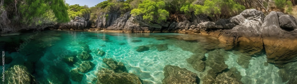 Crystal clear waters surrounded by lush vegetation. Horizontal banner. AI generated