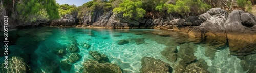 Crystal clear waters surrounded by lush vegetation. Horizontal banner. AI generated