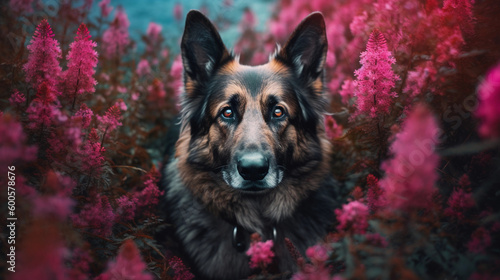 german shepherd dog between flowers